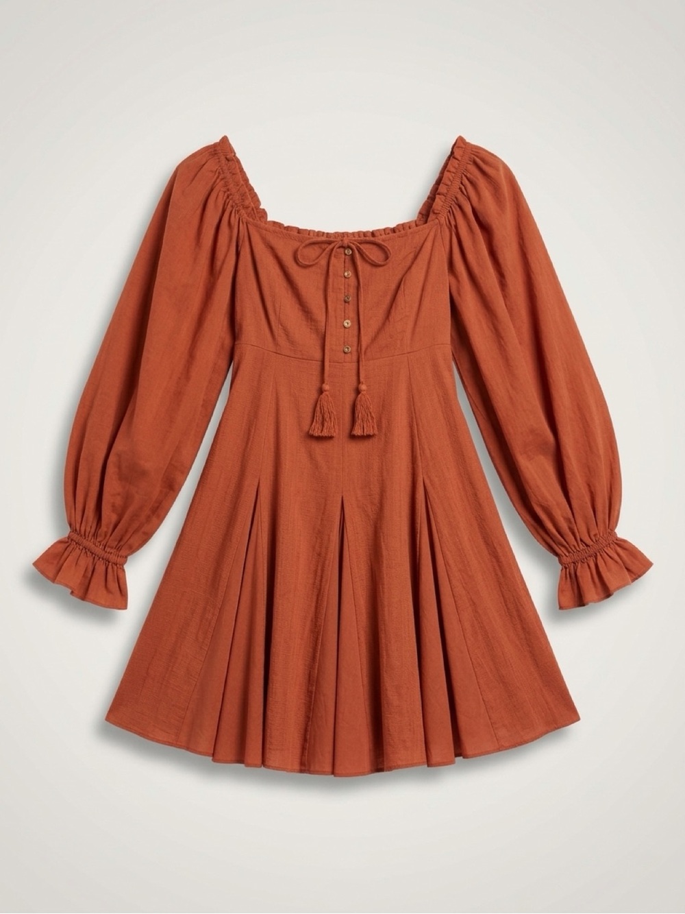 Rust Long-Sleeve Peasant Mini Dress with Tassel Tie and a very full lined skirt